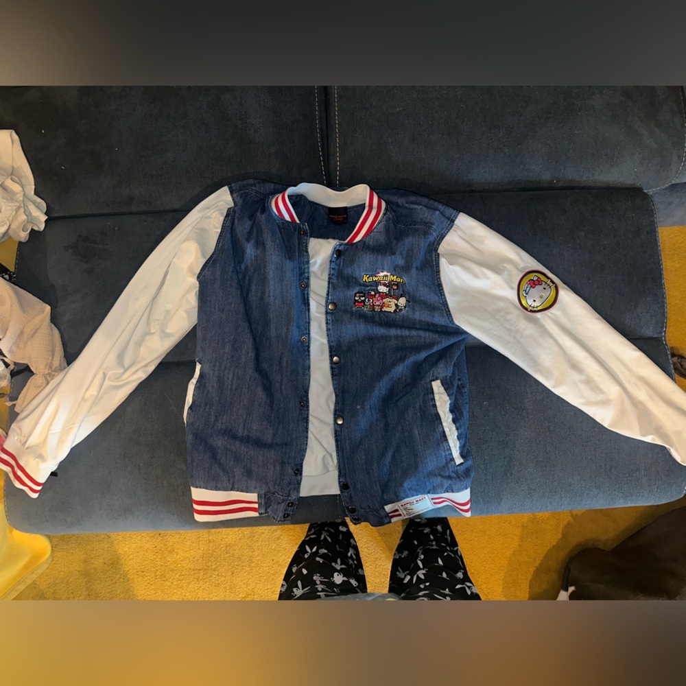 Hello kitty Denim Varsity Jacket with White Sleeves